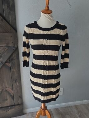 Pink Rose Petite Medium Black and Cream Striped Knit Mini Dress PM